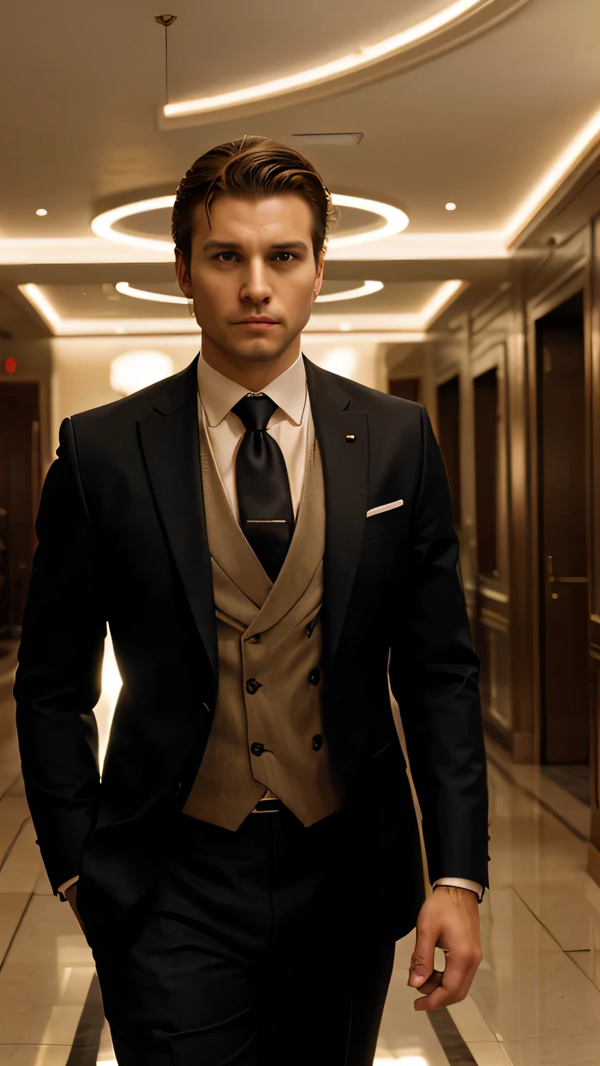 An elegant man in a suit, tie and businessman hairstyle, successful person, indoors, illuminated by lights, gorgeous lobby background,film stock photograph,looking into camera