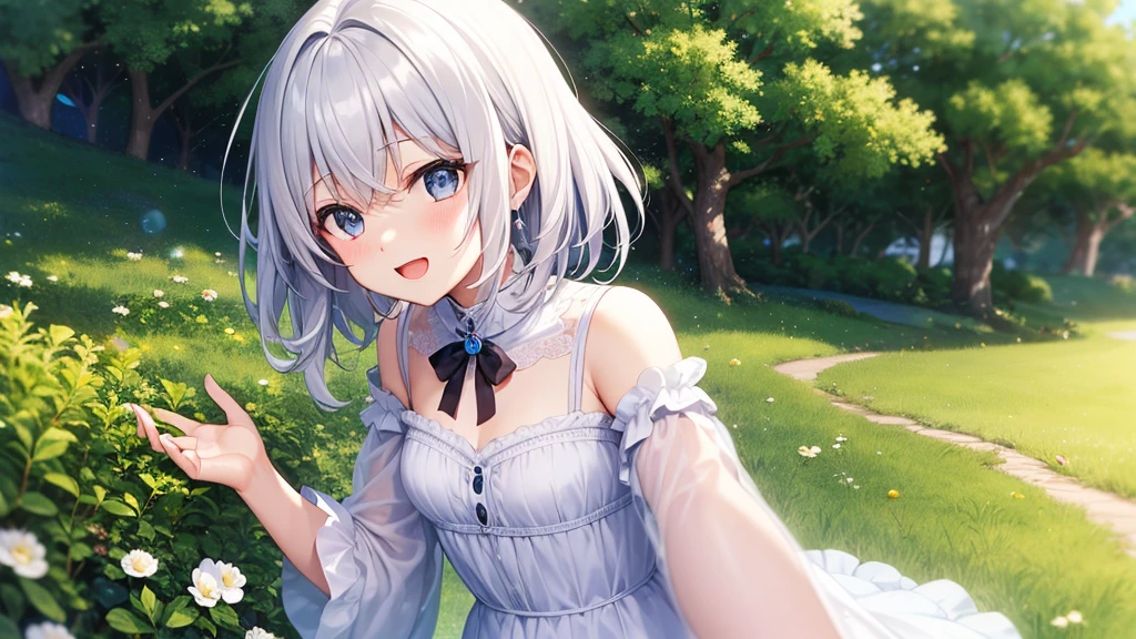 super high quality, with a girl, 20-year-old, very short hair, long bangs between the eyes, gray eyes , blue sky, sunlight, very detailed,(masterpiece、highest quality)、alone、gray hair、laughter、fantasy, silver hair, black eye, beautiful eyes,, ecstasy, charm, be smitten with audience, fantasyな風景、seaside、white clothes、Princess