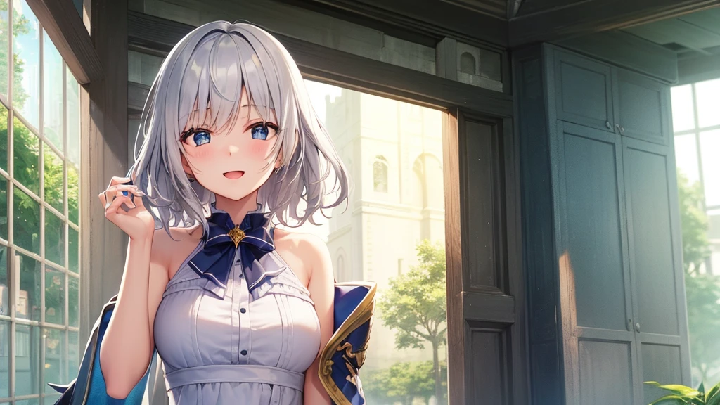 super high quality, with a girl, 20-year-old, very short hair, long bangs between the eyes, gray eyes , blue sky, sunlight, very detailed,(masterpiece、highest quality)、alone、gray hair、laughter、fantasy, silver hair, black eye, beautiful eyes,, ecstasy, charm, be smitten with audience, fantasyな風景、seaside、white clothes、Princess