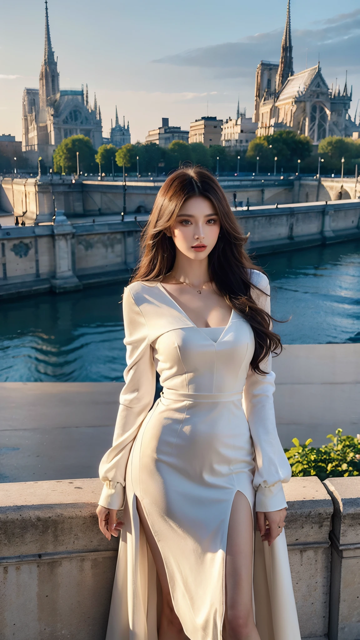 High-resolution professional photo of a beautiful professional model, modeling clothing in Paris with The Notre Dame in the background, wearing this season's hottest trends, haute couture from a variety of designers and designs in vibrant colors. The setting: luxurious and contemporary, with natural, flattering lighting highlighting the clothing color and the model's captivating presence.