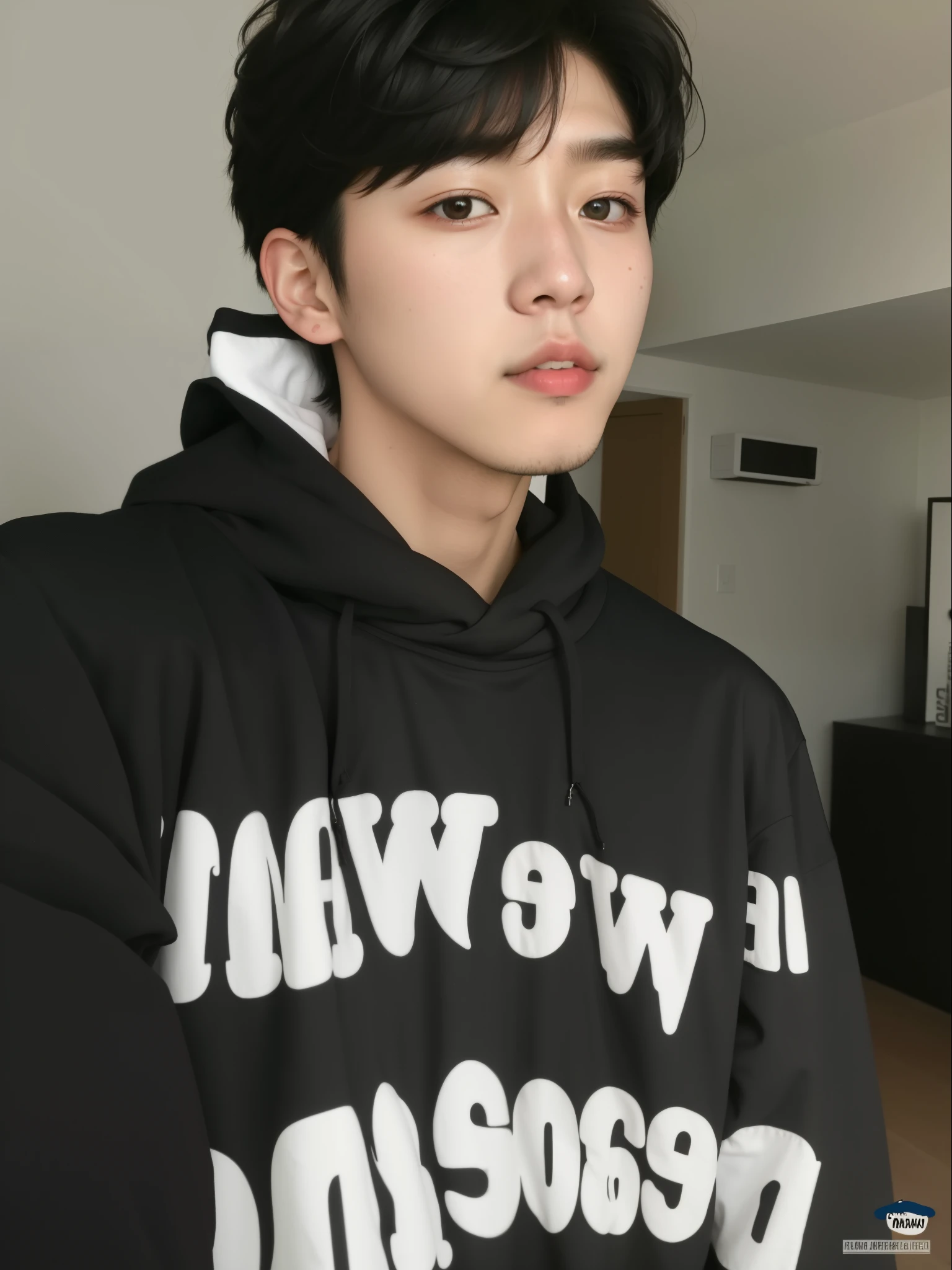 un primer plano de una persona que llevaba una sudadera con capucha negra con un signo de la paz, kim doyoung, pintar ulzzang, cai xukun, jungkook, kanliu666, TaeJune Kim, 1 7--old with a thin face, hong junio hyung, El chico tiene el pelo negro corto., ulzzang, Jinyoung Shin, foto de perfil, hyung tae