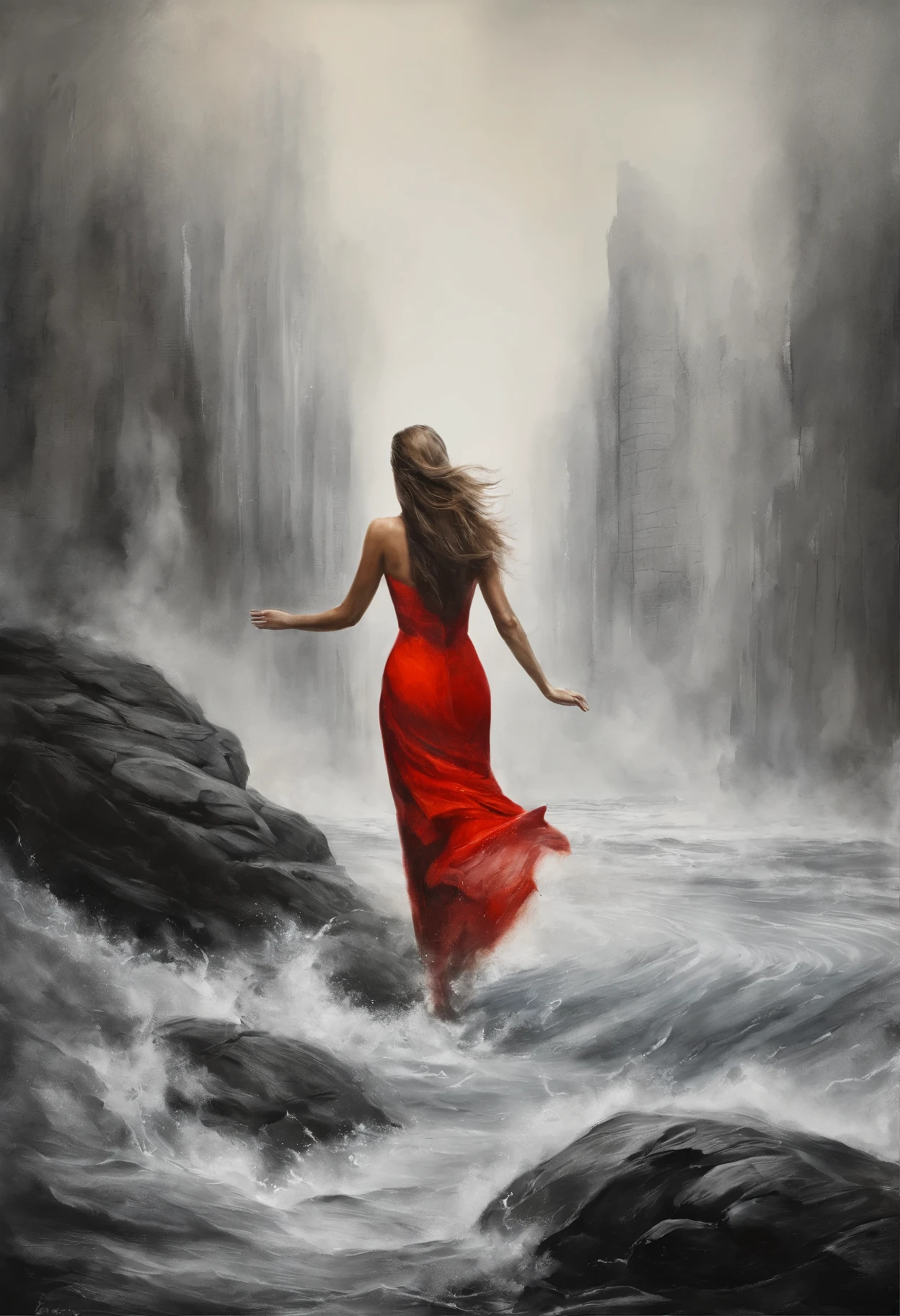  Rock, jump, cliff, falls to the bottom, young woman, sea,    ,someone is holding a red object in their hands (Heart) to the streets, nuclear art, Red selective coloration, Chris Friel, Dirk Dzimirski, inspired by Alfred Eisenstadt, inspired by Storm Thorgerson, Strong contrasts, Twin Towers, Misha Gordin, Steve Brodner, 9/11, 9 / 1 1, William Berrah