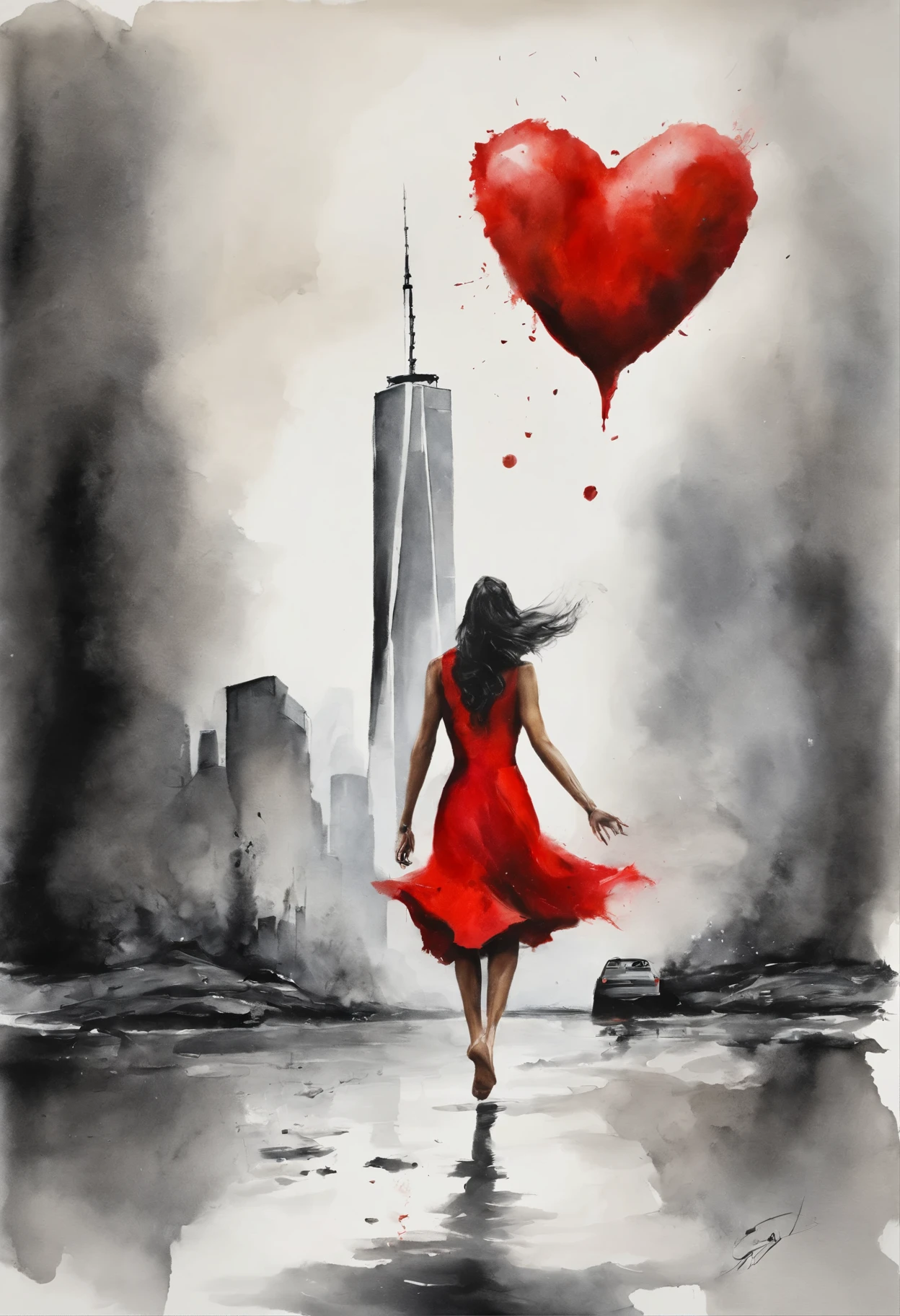 Rock, jump, cliff, falls to the bottom, young woman, sea, ,someone is holding a red object in their hands (Heart) to the streets, nuclear art, Red selective coloration, Chris Friel, Dirk Dzimirski, inspired by Alfred Eisenstadt, inspired by Storm Thorgerson, Strong contrasts, Twin Towers, Misha Gordin, Steve Brodner, 9/11, 9 / 1 1, William Berrah