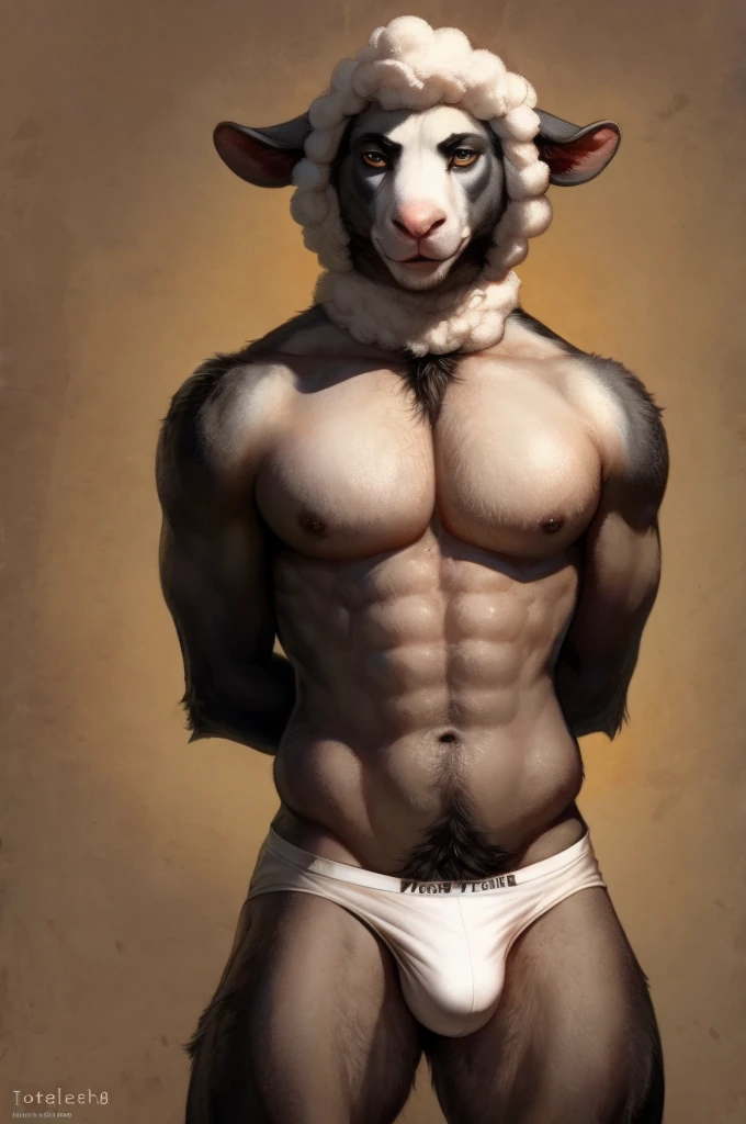 Solo, Furry, Anthro, Sheep,Male, E621, Standing, Hands behind back, Wearing underwear, Simple background, Front view, by totesfleisch8
