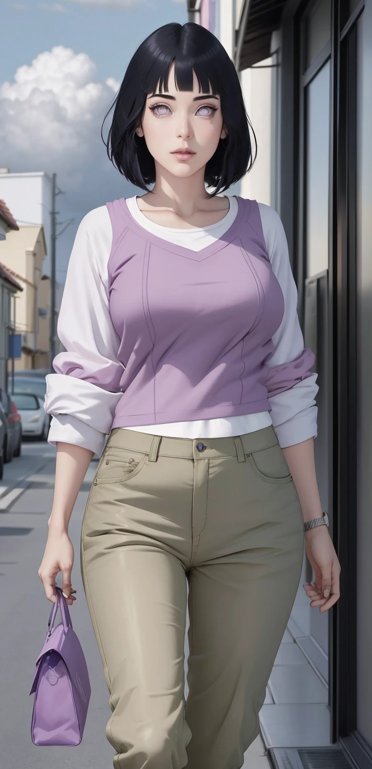 { - anatomy error}(Masterpiece - Ultra-detailed, very high resolution) , absurdos, Hinata\(Boruto\), 1girl, sozinho,Mature female, Capuz roxo,mangas em camadas, jeans, ao ar livre, Cloudy sky, perfect composition, circunstanciado lips, peito grande, beautiful face, body propotion, corar, (pink lips), cabelos pretos curto (black hair), lilac eyes, olhar suave, super realistic, circunstanciado, Photo Session, rosto e corpo realistas, Realistic hair, olhos realistas, nariz realista, realistic lips, brown pants, anime, walking with lilac shoes.