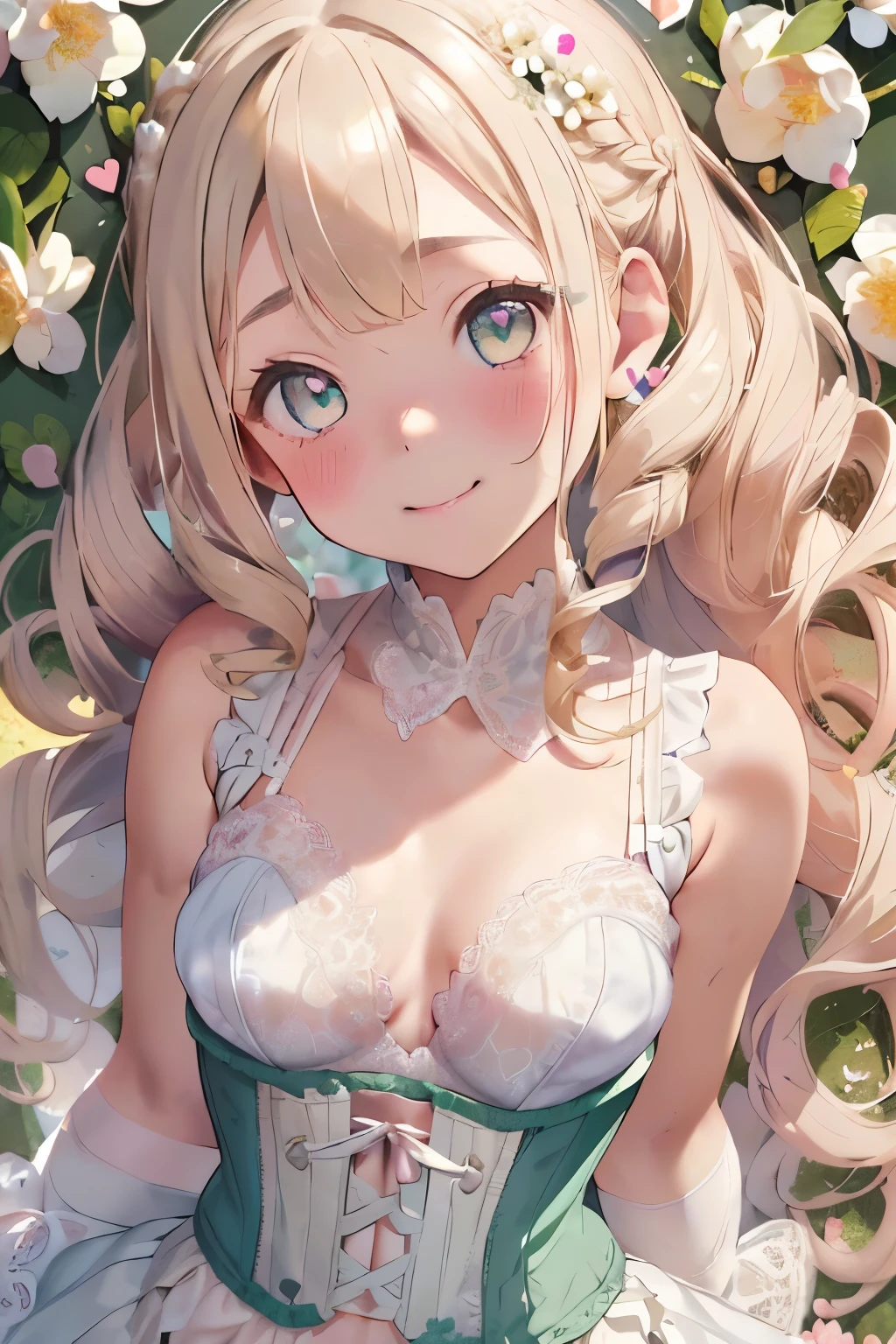 girl,cute,(thin blonde hair:1.2),(long hair with curls:1.2),(Drill Curl:1.25),(With bangs),(Eye size:1.5),(Lace dress:1.3),(White corset:1.3),(blush:1.2),(small breasts:1.8),(Smile slightly:1.1),(close up of face:1.25),(Background of blooming flowers:1.25),(white, pink, light blue, and yellow-green),(Eyes are hearts:1.5),