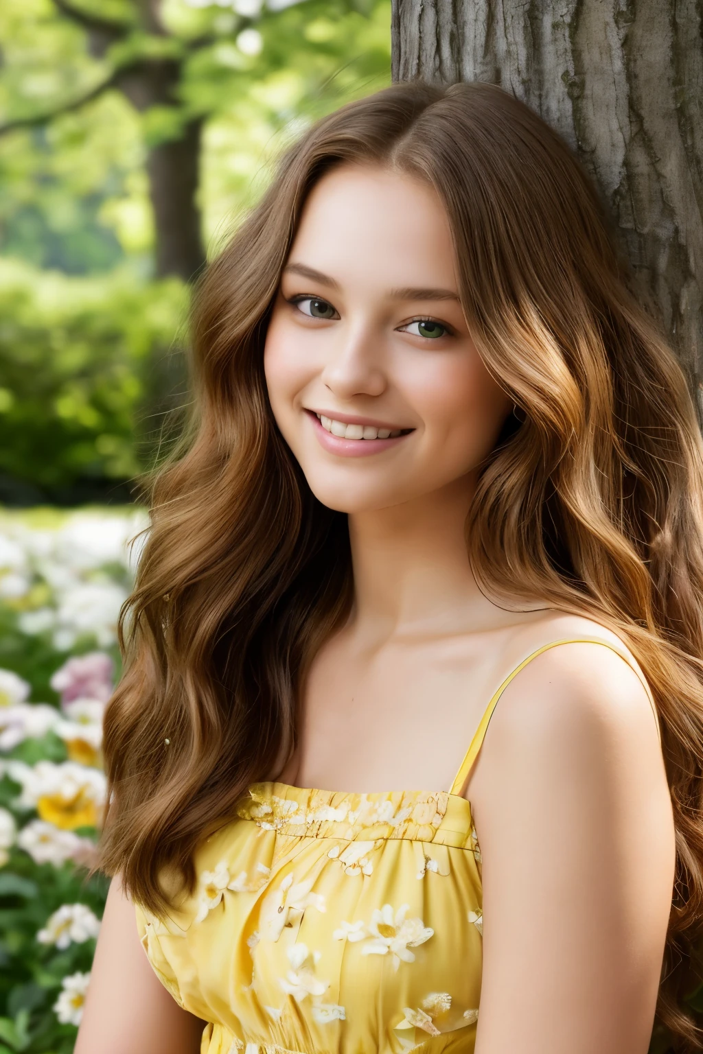 (blue-eyed, fair-skinned) girl in a (vibrant, colorful) garden, wearing a flowing (white, flowery) dress. The girl is surrounded by (lush, blooming) flowers of various types, such as roses, sunflowers, and daisies. She stands near a (romantic, picturesque) fountain, where the water sparkles in the sunlight and creates a (soft, soothing) sound. The garden is bathed in (warm, golden) sunlight, and there are (playful, mischievous) butterflies fluttering around the girl. The girl has a (bright, radiant) smile on her face and holds a (hand-painted, delicate) parasol in her hand to protect herself from the sun. The scene is captured in a (detailed, elaborate) oil painting style, with (soft, subtle) brushstrokes and vibrant colors that bring the garden to life. The overall image quality is (best quality, highres:1.2) and (photorealistic), with (sharp focus) on the girl's beautiful features and the intricate details of the flowers. The color palette is (vivid, lively), with a mix of (warm, vibrant) tones and (cool, refreshing) shades. The lighting in the garden is (soft, gentle), casting (warm, golden) rays of light on the girl and creating a (dreamy, enchanting) atmosphere.