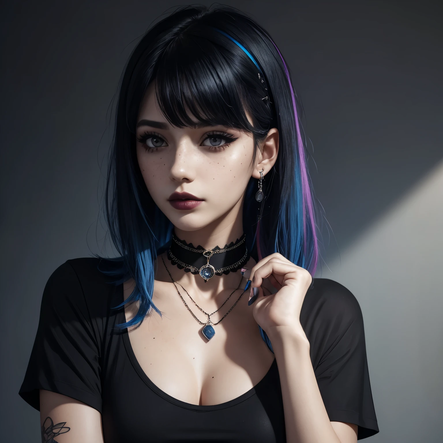 masterpiece, best quality,3d rending work ,3DMM style,close-up,portrait, 3D,1girl, solo, multicolored hair, blue hair, black hair, necklace, freckles, jewelry, two-tone hair, looking to the side, realistic, upper body, simple background, bangs, looking away, short hair, parted lips, black eyes, lips, gothic, choker, makeup, mole, black shirt, shirt, watermark