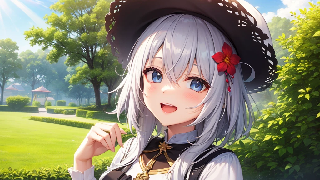 super high quality, with a girl, 20-year-old, very short hair, long bangs between the eyes, gray eyes , blue sky, sunlight, very detailed,(masterpiece、highest quality)、alone、gray hair、laughter、fantasy, silver hair, black eye, beautiful eyes,, ecstasy, charm, be smitten with audience, fantasyな風景、flower garden、white clothes、hat、Princess