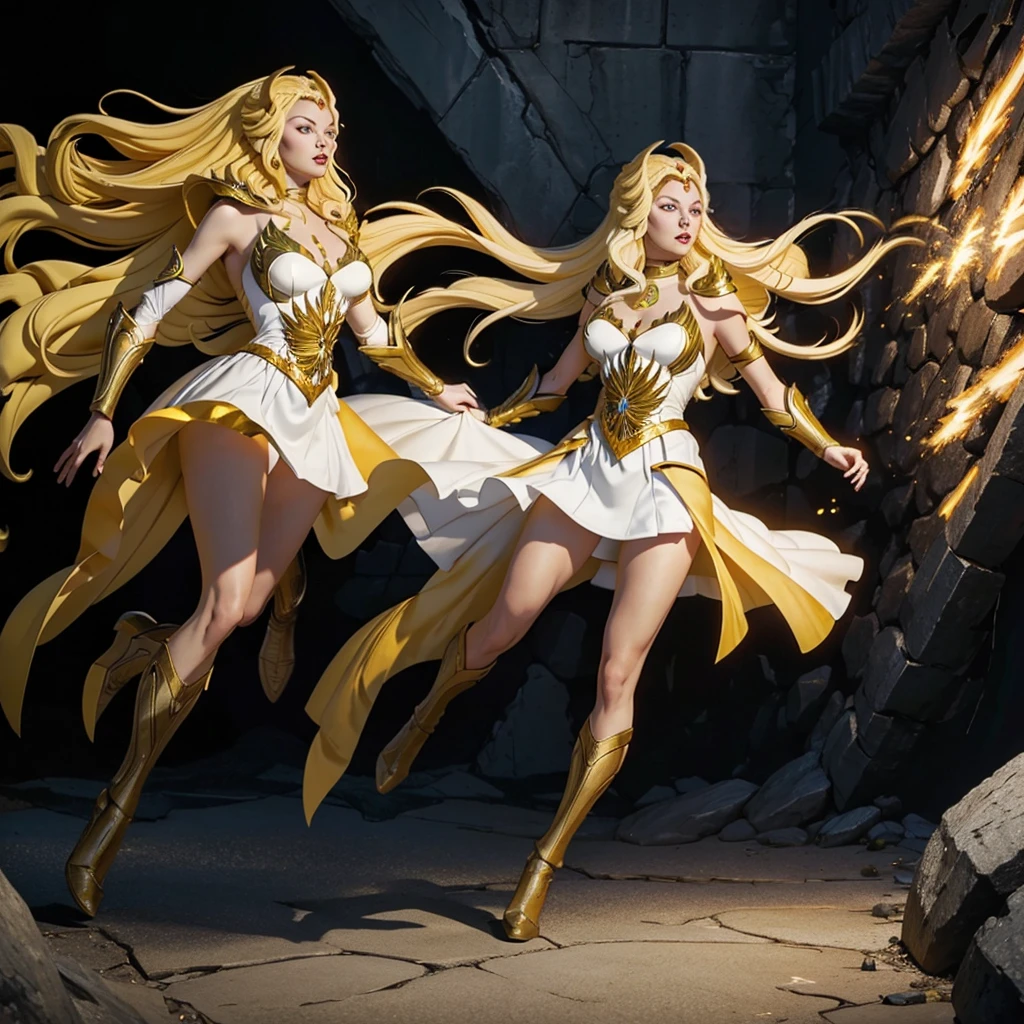 (((full body photo))) A beautiful warrior woman, with long white hair and yellow eyes, wearing white and gold dc comics Shazam armor with several yellow rays running across her body