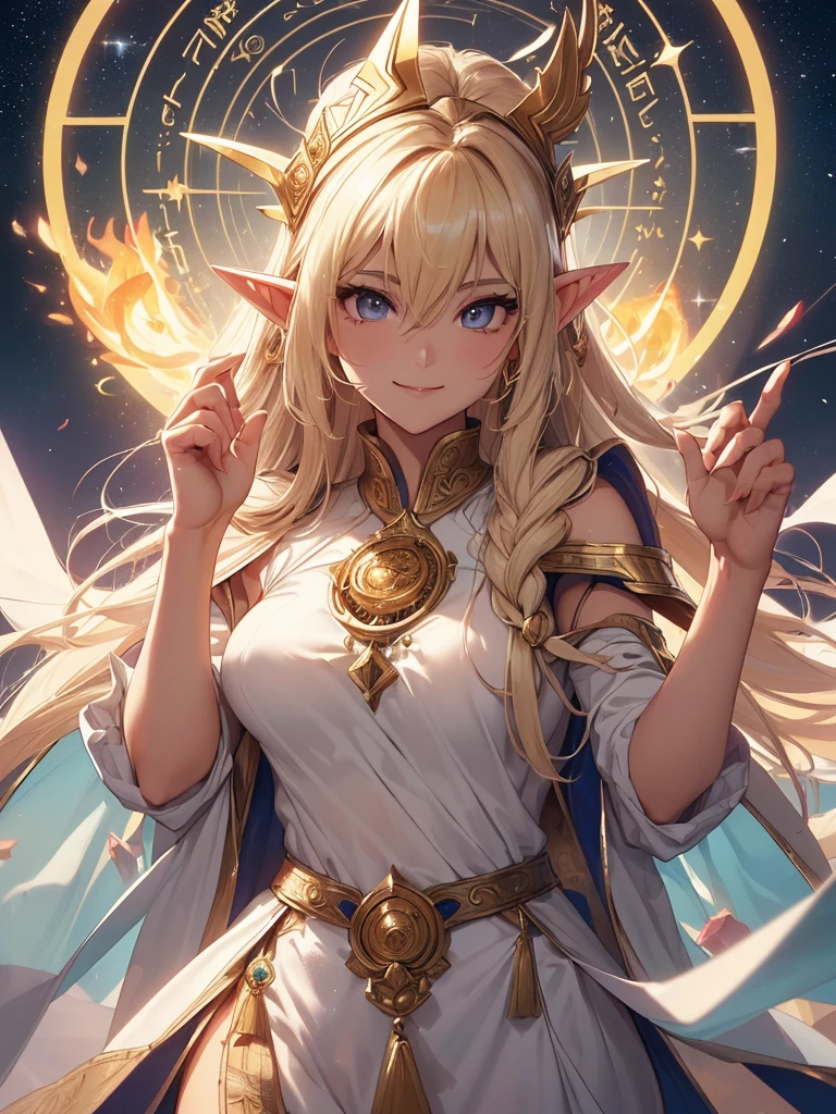 highest quality、Highest image quality、masterpiece、Super beautiful elf beauty((22 years old OL big bust、Bust 98,beautiful long ironed hair、blonde、elf ears、Goddess Athena、nice buddy、slender、Close-up、Esbian、High quality、beautiful art、background starry sky、、beautiful sky、future city、muste piece、visual art、Depth of bounds written、、magic of light、space knight、A happy smile、gentle light、、Beautiful legs that are gentle on the skin、、、Number of fingers to achieve precise finger movements、ticker beautiful decorative、elegant、mystical　rosa、　 beautiful dressy、、、renaissance art、friendly smile、、beautiful dress armor、magic circle、attacking magic、Super Saiyan、Intense flames、strongest energy