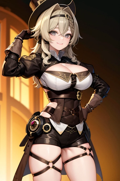 masterpiece, best quality, (breasts:1.4) , RAW Photo, Vill V, 1girl, solo, long_hair, breasts, looking_at_viewer, smile, bangs, large_breasts, brown_hair, gloves, long_sleeves, hat, cleavage, closed_mouth, jacket, shorts, grey_eyes, headband, black_shorts, brown_gloves, brown_jacket, top_hat, brown_headwear, brown_shorts, Night City Background