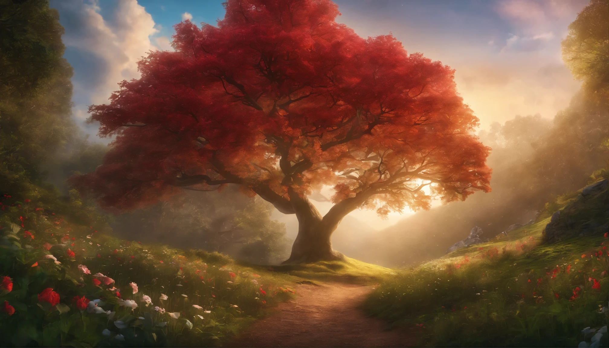 masterpiece, best quality, high quality,extremely detailed CG unity 8k wallpaper, An enchanting and dreamy scene of a fantasy forest, with towering trees, glowing aple tree, red aple and hidden fairy glens, creating a sense of mystique and enchantment, artstation, digital illustration, intricate, trending, pastel colors, oil paiting, award winning photography, Bokeh, Depth of Field, HDR, bloom, Chromatic Aberration ,Photorealistic,extremely detailed, trending on artstation, trending on CGsociety, Intricate, High Detail, dramatic, art by midjourney