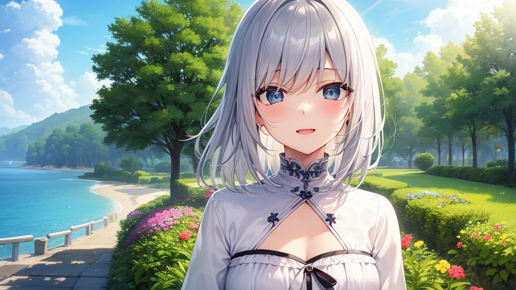 super high quality, with a girl, 20-year-old, very short hair, long bangs between the eyes, gray eyes , blue sky, sunlight, very detailed,(masterpiece、highest quality)、alone、gray hair、laughter、fantasy, silver hair, black eye, beautiful eyes,, ecstasy, charm, be smitten with audience, fantasyな風景、flower garden、white clothes、Princess、seaside