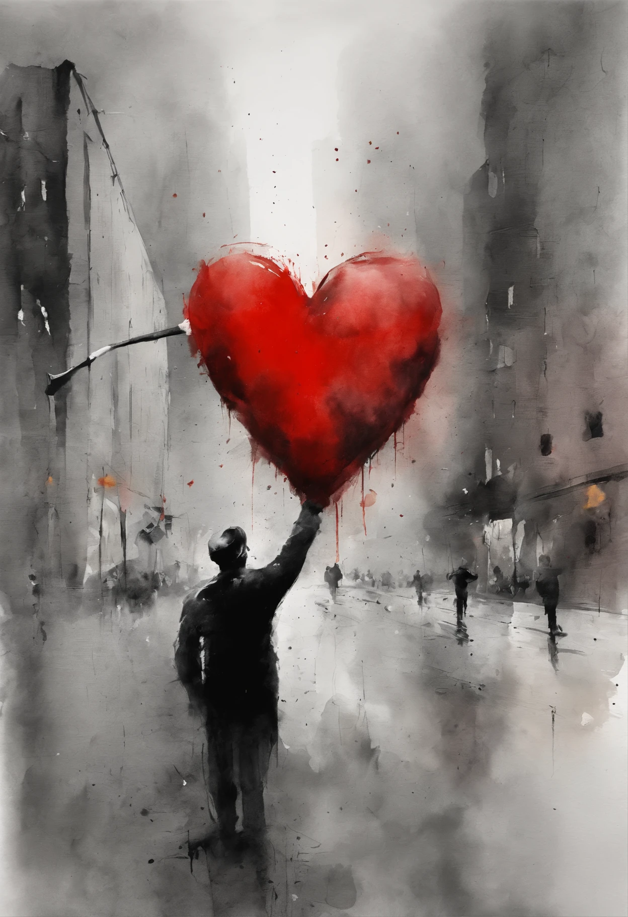 someone is holding a red object in their hands (Heart) to the streets, nuclear art, Red selective coloration, Chris Friel, Dirk Dzimirski, inspired by Alfred Eisenstadt, inspired by Storm Thorgerson, Strong contrasts, Twin Towers, Misha Gordin, Steve Brodner, 9/11, 9 / 1 1, William Berrah