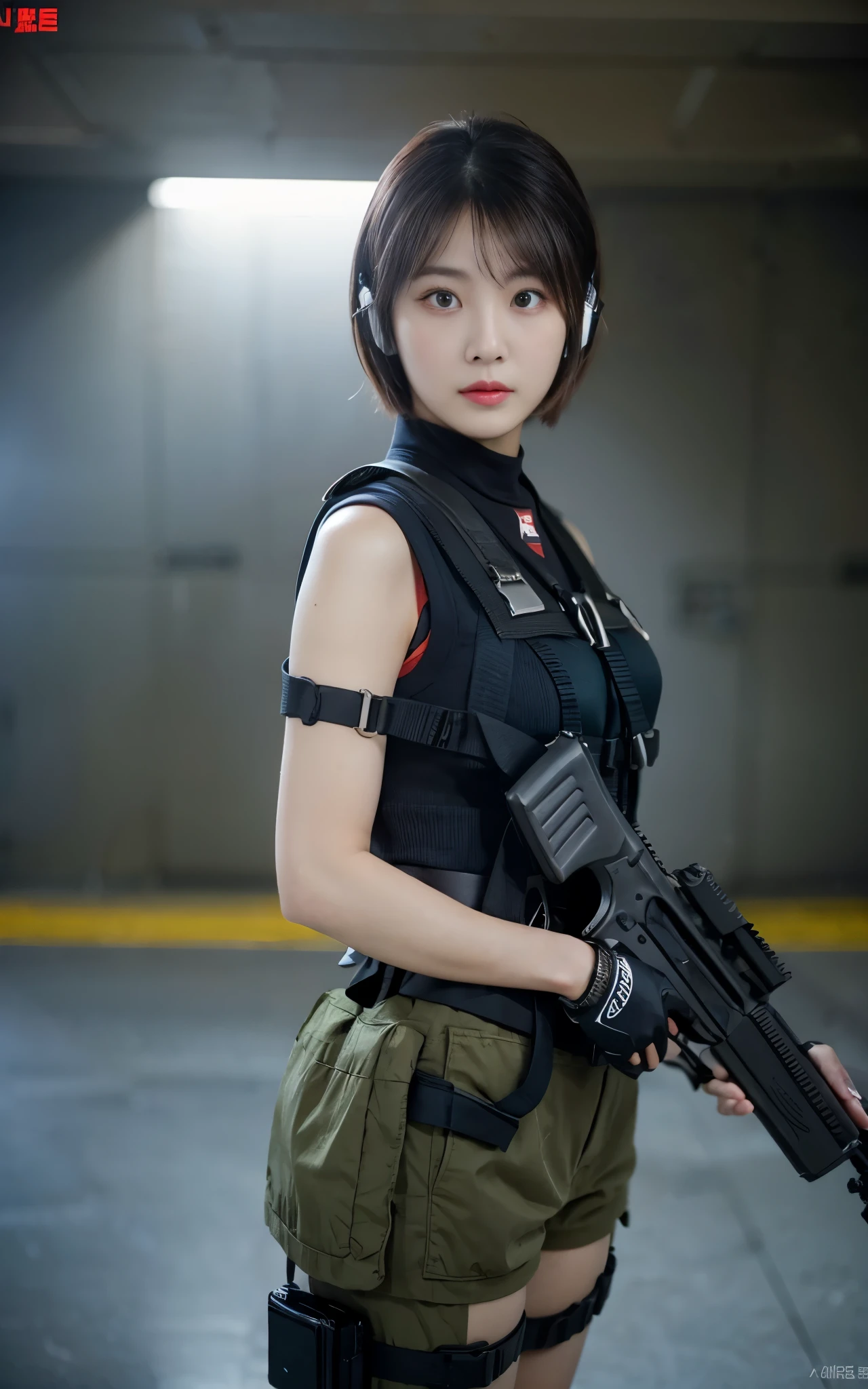 ((Best Quality, 8K, Masterpiece: 1.3)), ((best quality)), photorealistic, photorealism, Photorealistic, high resolution, 1girl aiming with an ak-47 assault rifle, Combat pose, looking at the camera, (Detailed face), short hair, (wearing red rubber suit, tactical vests, military harness, black gloves, high-tech headset), cloths color based on black dark blue), revealed thigh, Gun, Fingers are occluded, concrete wall background,