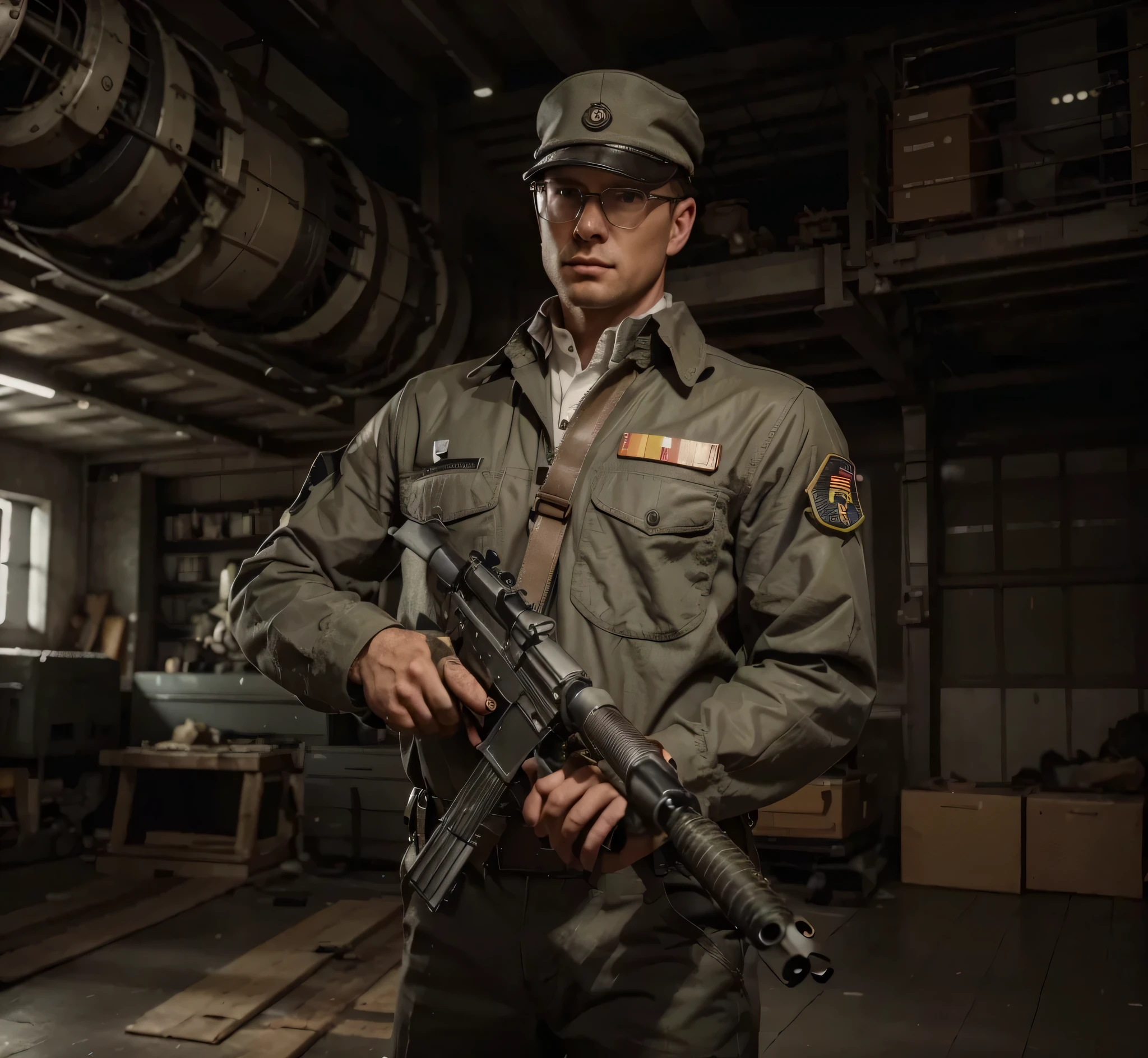 ingeniero masculino, cara alemana madura, gafas opticas, pelo corto estilo militar, gorro de trabajo de tela gris, Uniforme de trabajo, WWII German style gray cloth jumpsuit, guantes de cuero negro, Tool belt, sostiene una ametralladora, esta en un hangar militar, Luz de noche, ultra detallado, hyper Realista, 4k, ultra detallado image, Realista, muy detallado, perfect composition, gorgeous, Intrincadamente detallado, incredibly detailed, 8 k artistic photography, hiper detallado, obra maestra, ultra detallado, hyper Realista, 4k, ultra detallado image, Realista, muy detallado, perfect composition, gorgeous, Intrincadamente detallado, incredibly detailed, 8 k artistic photography, hiper detallado, obra maestra