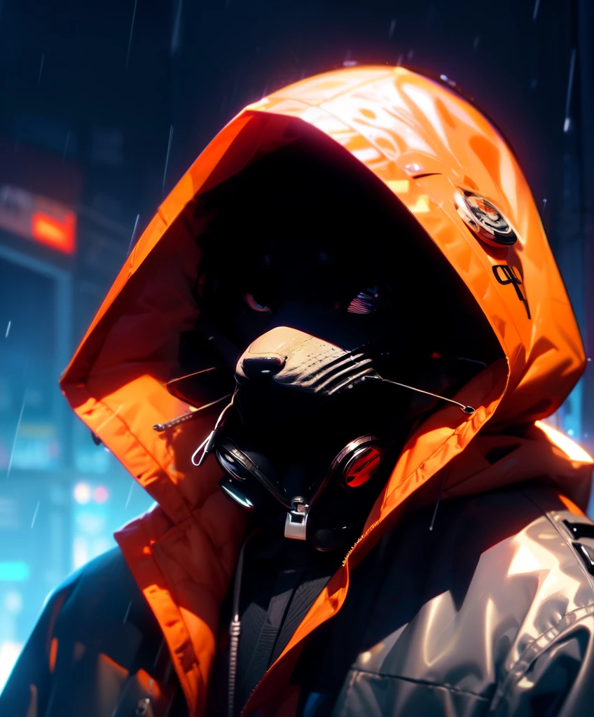 masutepiece, Best Quality, Solo, Rain, hoods, Furry, Hood Up, Jacket, Upper body, hooded jacket, Closed mouth, whiskers, raincoat, Doberman dog, Furry, Sagged ears, brue eyes, Portrait,masutepiece, Best Quality,Black trench coat，Orange pattern，White mask，Cyberpunk Personality