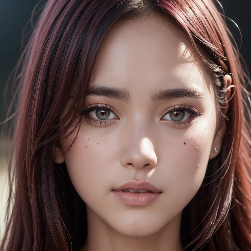 8k, foto cruda, of the highest quality),(realistic epic:1.5), A beautiful girl's face that looks like Jennie, blackpink., ojos rosados, rostro delgado y joven (detallado eyes:0.8),(mirando a la camara:1.4), (of the highest quality), (mejor sombra),detalles intrincados,cinematographic,((Piel:1.4)),interior, (Cabello rosa medio:1.3),estudio oscuro,(HDR:1.5),detallado, Colores apagados, pecas