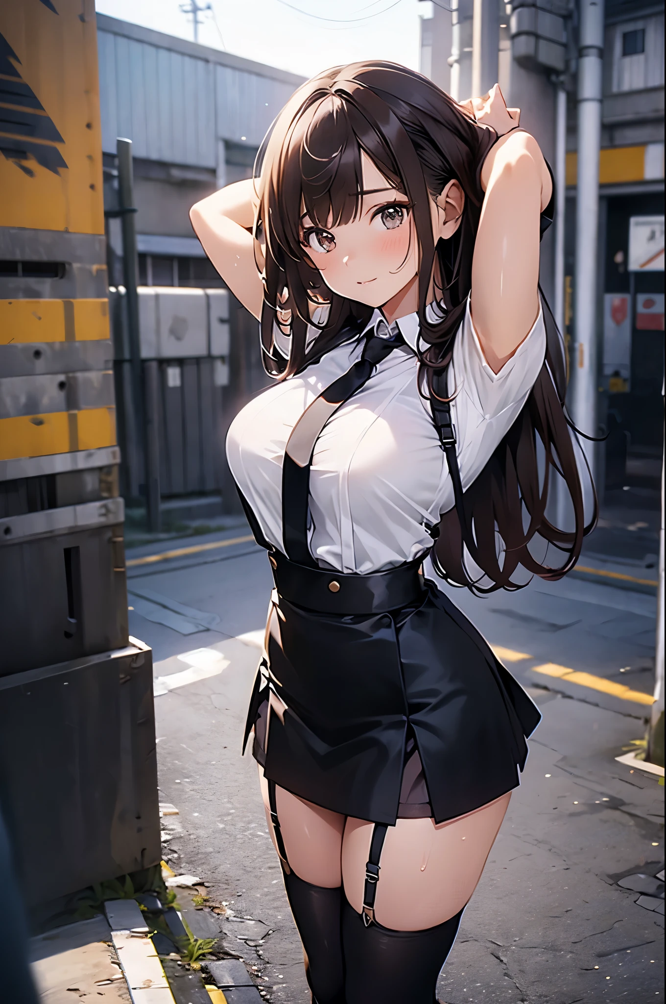 shirt, corset, cityscape, brown hair, short skirt, wide hips, blue eyes, boundarms, arms behind back