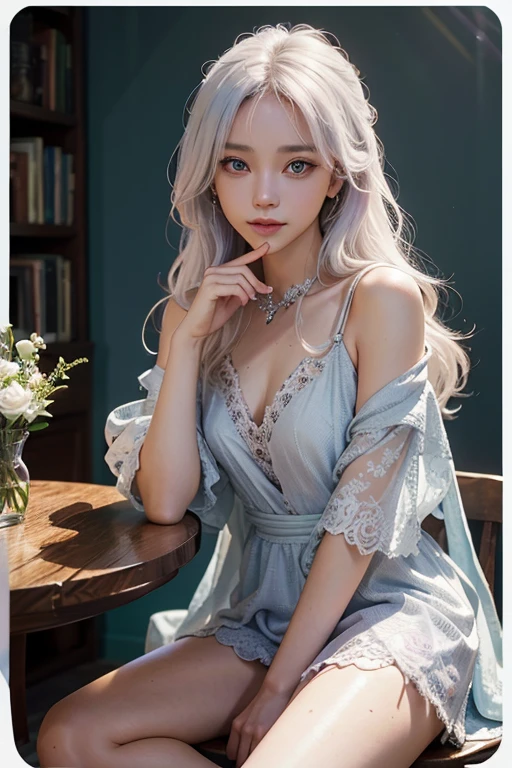 (35mmstyle:1.2), highly detailed RAW color photo, full body, (female, nice delicate face, sitting in bed, ruffling hair), bed, indoor, (kneeling on hotel bed, showing chest, enjoying expression), vivid details, perfect figure, big ass, big breast, black skirt, black stockings, (very detailed, super detailed, complex), (lens flare: 0.7), (flare: 0.7), particle effects, ray tracing, cinematic lighting, shallow depth of field, clear focus, silver hair,