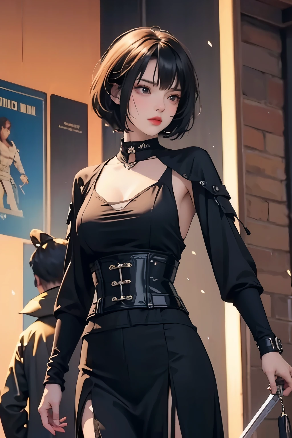assassin,short hair, woman,Tight black dress with pattern,Short sword,chest guard,armor