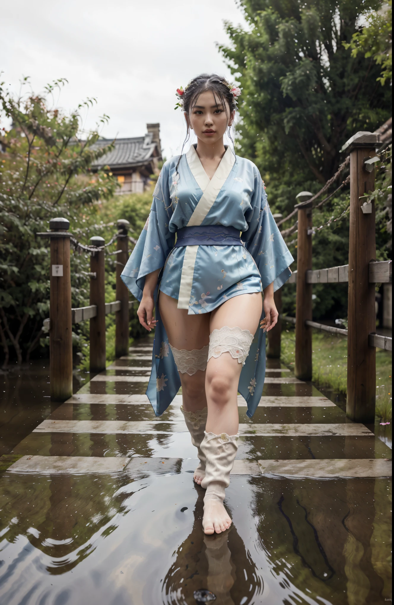 extremely detailed CG unity 8k wallpaper, realistic, hand by Guido Daniele, wearing kimono_clothes, wooden bridge, sakuramon, wreath,lace-trimmed kimono, stone brick road, wet road, clogs, two toe socks, huge ,
