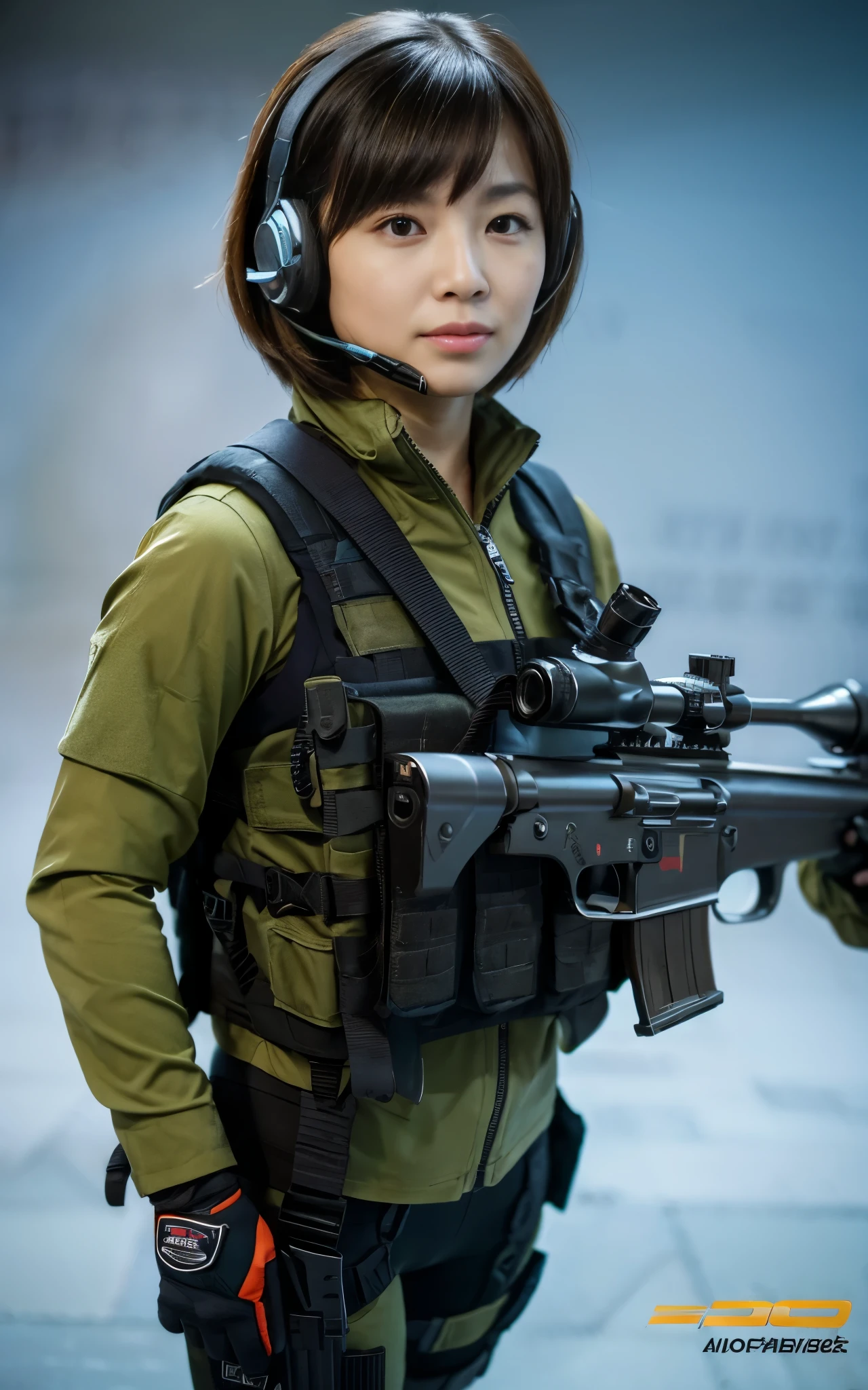 ((Best Quality, 8K, Masterpiece: 1.3)), ((best quality)), photorealistic, photorealism, 1girl aiming with an ak-47 assault rifle, Combat pose, Photorealistic, high resolution, looking to the camera, (Detailed face), short black hair, red rubber suit, tactical vests, military harness, revealed thigh, Gun,black gloves, high-tech headset, Fingers are occluded, concrete wall background,