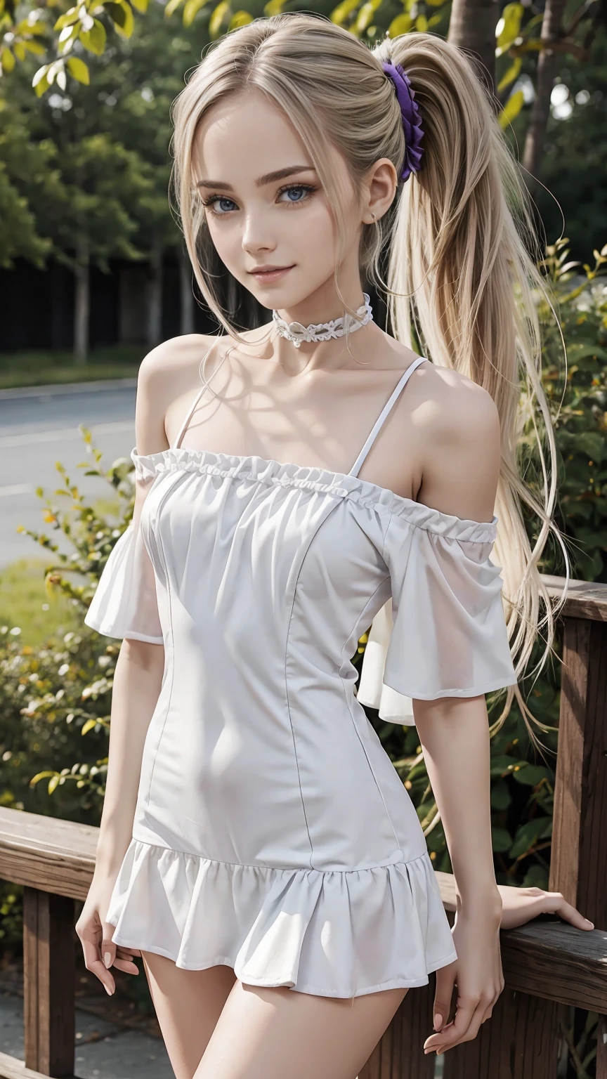 22 year old white female、Hair color is a gradation of brown and purple、eye color is blue、long hair、setting hair、Have a ponytail、accessories on wrist、I&#39;m wearing a choker、skin is smooth、smile、Slender but muscular body、My heart is pounding、high resolution、She is wearing a one-shoulder dress with frills.、