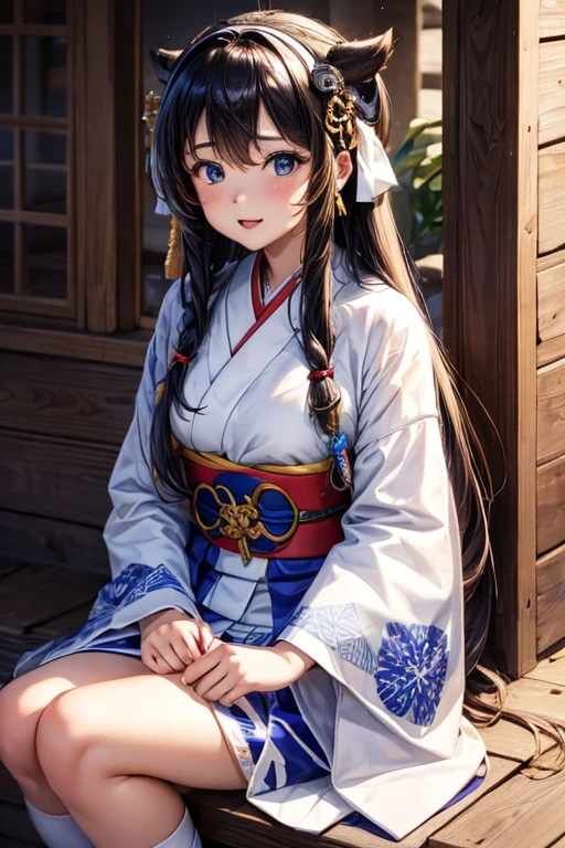 queen of the ainu、cute、Ainu pattern clothes、white and blue clothes、Ainu pattern、Have a bow、Ainu art、Clean your eyes、