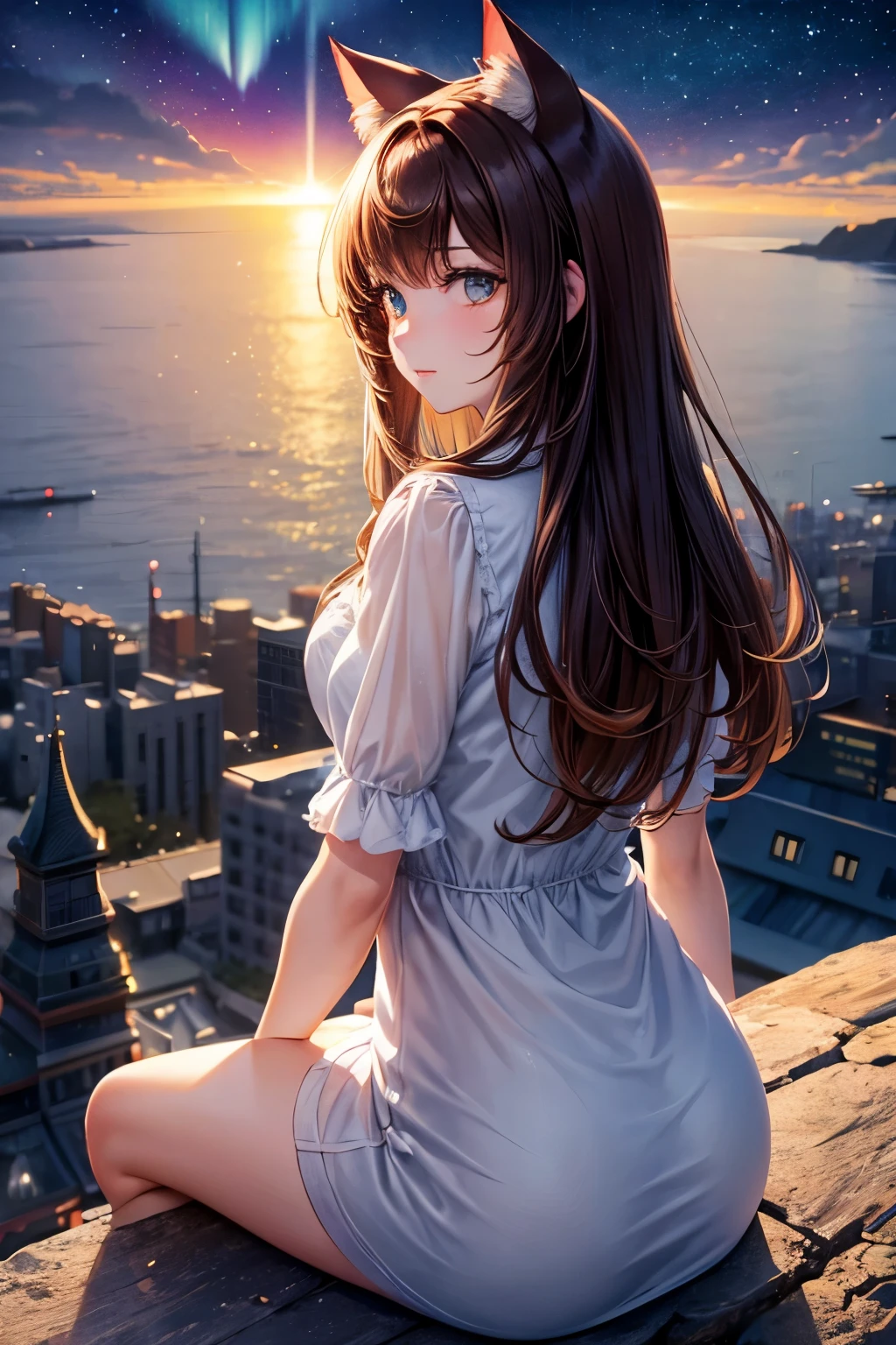 Top quality, high resolution, perfect human structure, background focus, glowing hair, cat ears, brown hair, bobbed hair, from behind , gradient eyes, swept bangs, on cliff, sitting, overlooking city, near future, night, northern lights,