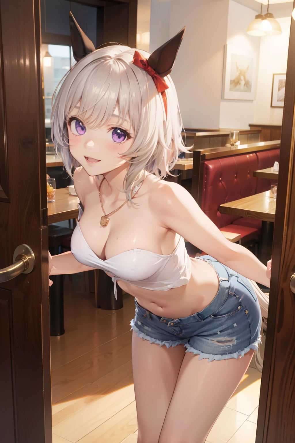 curren chan \(umamusume\), anime girl with long white hair and purple eyes posing in a hallway, restaurant door, expensive restaurant, seductive anime girl, small curvy , perfect white haired girl, attractive anime girl, beautiful anime girl, cute anime girl, girl with white hair, smooth anime cg art, pretty anime girl, anime style 4 k, anime best girl, anime girl, 4k anime wallpaper, denim shorts, small breasts, masterpiece, necklace, smiling, navel, leaning forward, hands on back, short hair, horse ear, horse tail, white bandeau, cleavage, stomach, smartphone