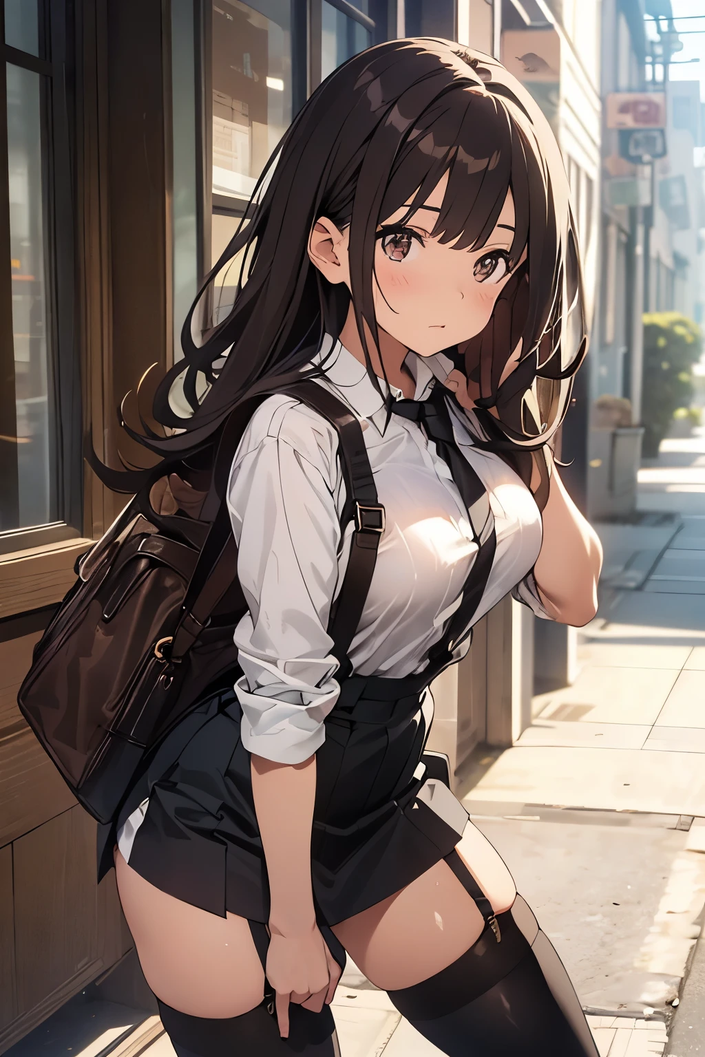 brown hair、looking at the viewer　　suspenders　　　Bulging big breasts　　 　 　　　　Black miniskirt　garter belt　knee high socks　　　　　　Gaze　　　small face　bangs 　　　　　Beauty　　hands up　　 　Gaze 　black boots 　provocation　　armpit sweat　one person 　　put your hands behind your back　cutter shirt　　Panty shot