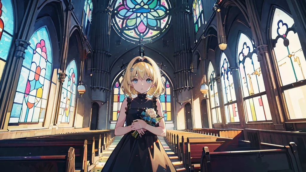 (1 girl, blonde hair, black sundress, kawaii), (abandoned church, light blue stained glass)