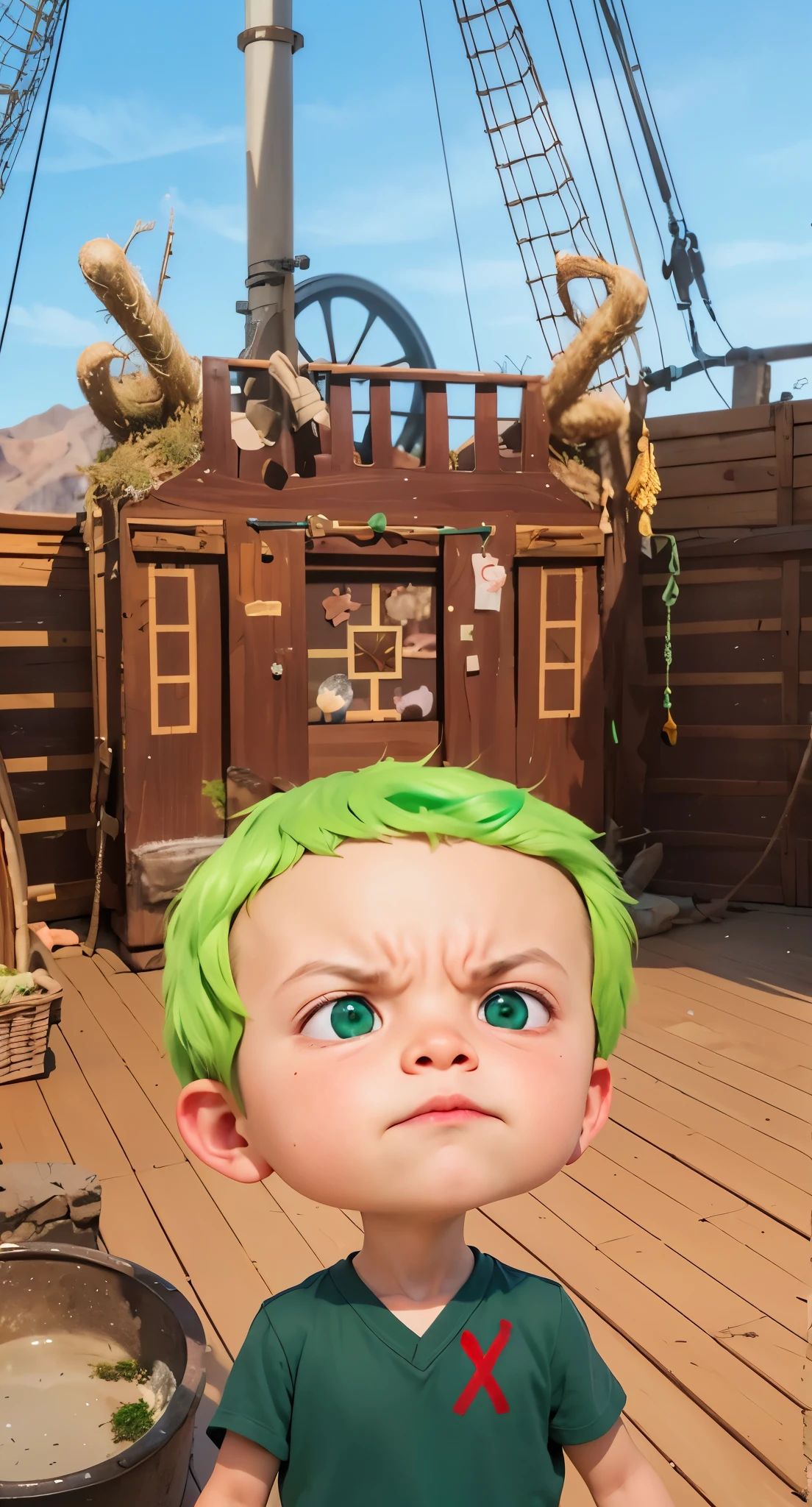 Real life adaption of this character , The handsome face of a boy, angry expression,realistic same green hair , (realistic same outfit), realistic background , realistic light, realistic shadow, realism, hyper realistic,(photorealistic:1.2), normal small eyes,