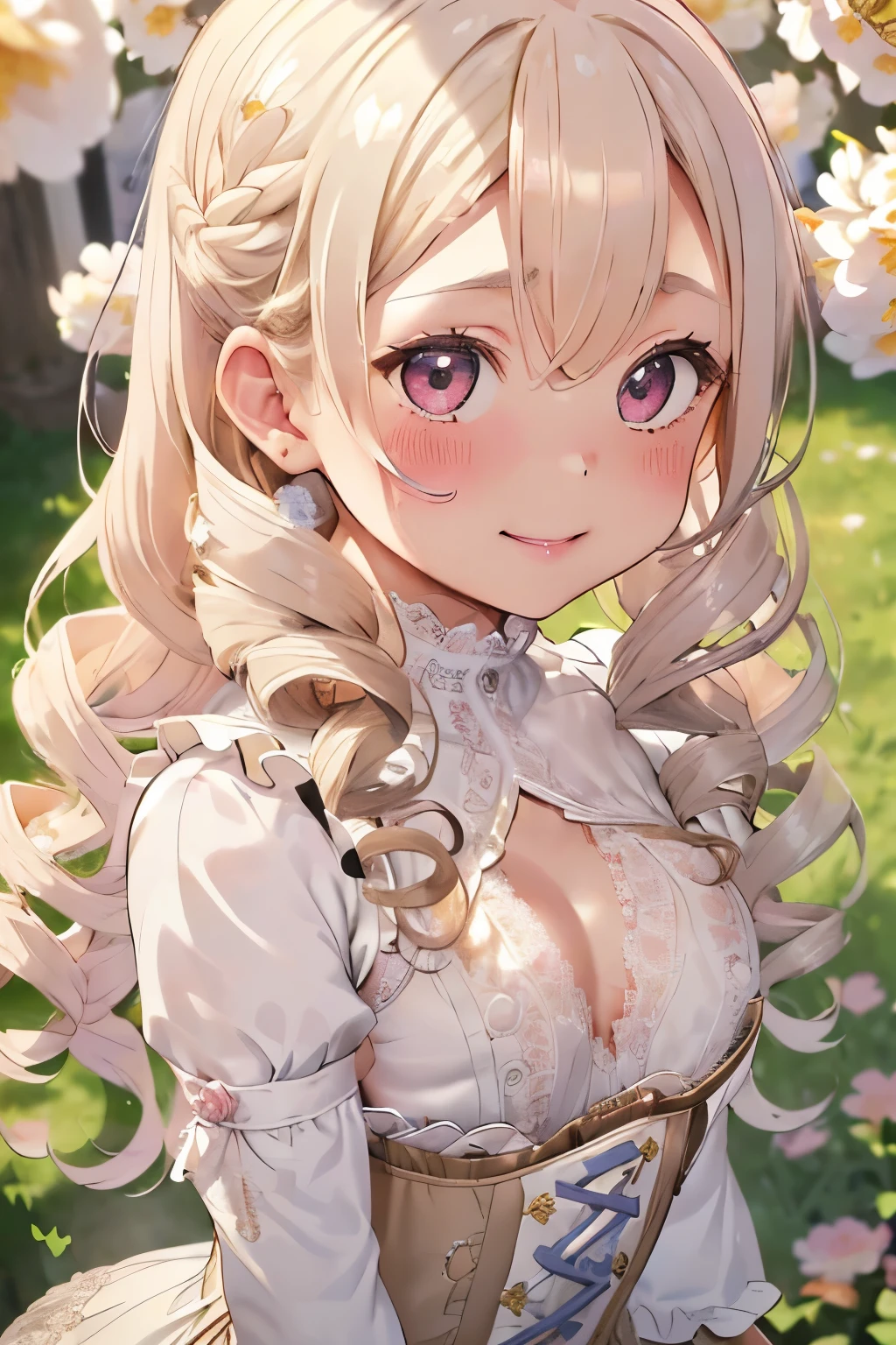 girl,cute,(thin blonde hair:1.2),(long hair with curls:1.2),(Drill Curl:1.25),(With bangs),(Eye size:1.5),(Lace dress:1.3),(White corset:1.3),(blush:1.2),(small breasts:1.8),(Smile slightly:1.1),(close up of face:1.25),(Background of blooming flowers:1.25),(white, pink, light blue, and yellow-green),