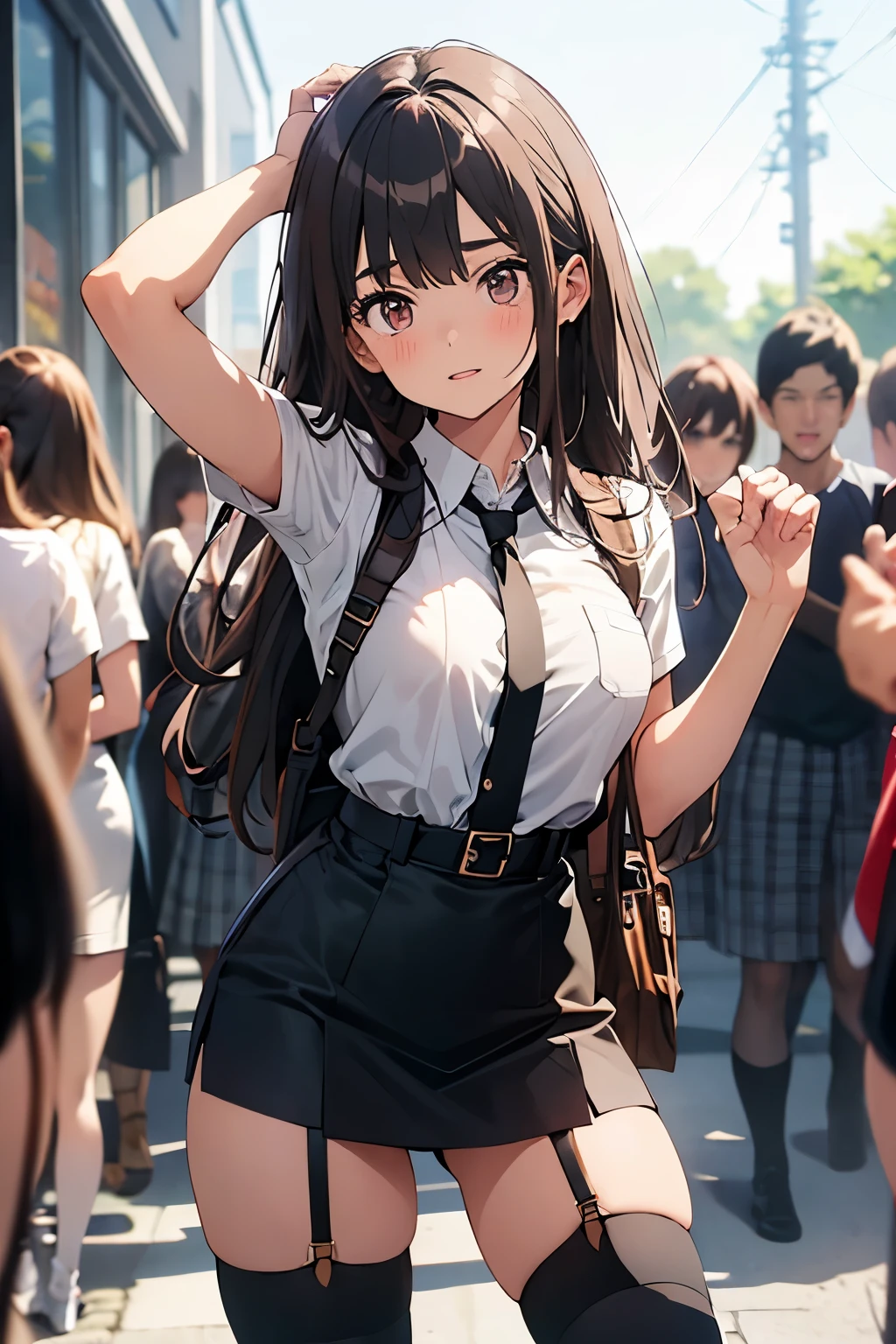 brown hair、looking at the viewer　　suspenders　　　Bulging big breasts　　 　 　　　　Black miniskirt　garter belt　knee high socks　　　　　　Gaze　　　small face　bangs 　　　　　Beauty　　hands up　　 　Gaze 　black boots 　provocation　　armpit sweat　one person 　　put your hands behind your back　cutter shirt　　Panty shot