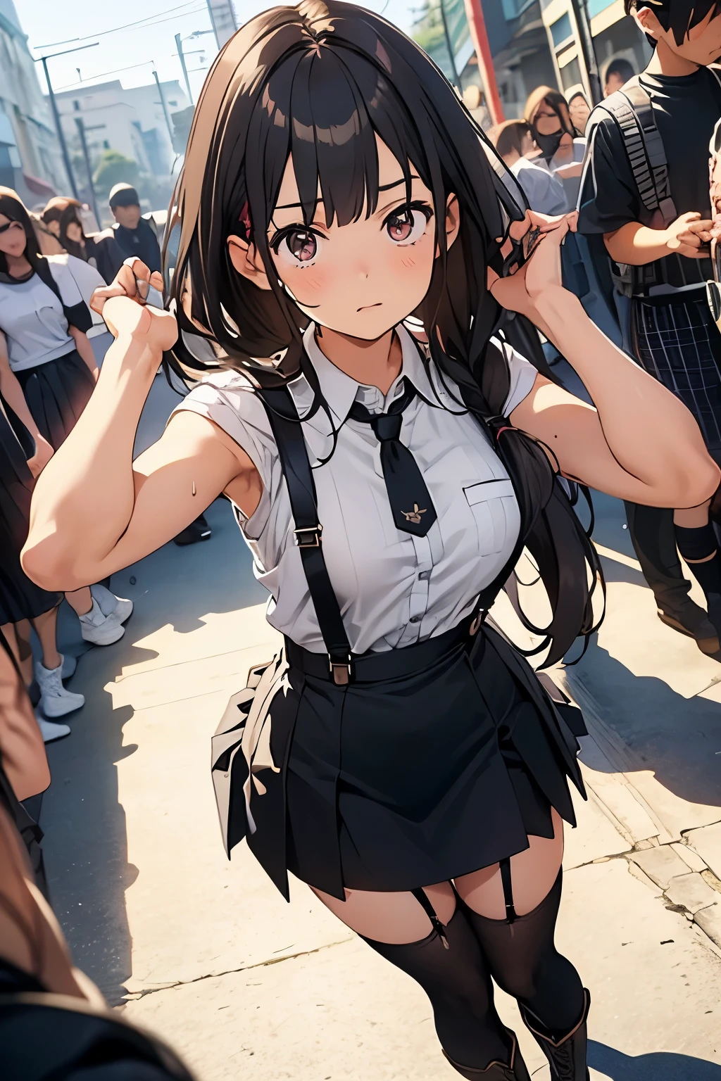 brown hair、looking at the viewer　　suspenders　　　Bulging big breasts　　 　 　　　　Black miniskirt　garter belt　knee high socks　　　　　　Gaze　　　small face　bangs 　　　　　Beauty　　hands up　　 　Gaze 　black boots 　provocation　　armpit sweat　one person 　　put your hands behind your back　cutter shirt　　Panty shot