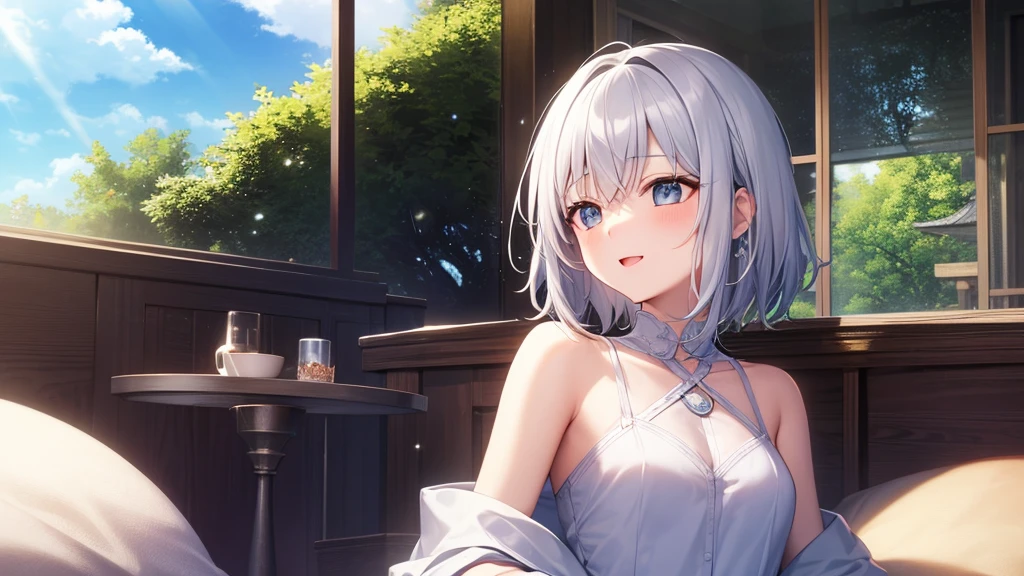 super high quality, with a girl, 20-year-old, very short hair, long bangs between the eyes, gray eyes , blue sky, sunlight, very detailed,(masterpiece、highest quality)、alone、gray hair、laughter、fantasy, silver hair, black eye, beautiful eyes,, ecstasy, charm, be smitten with audience, fantasyな風景、white clothes、Princess、inside the room、sleep in bed