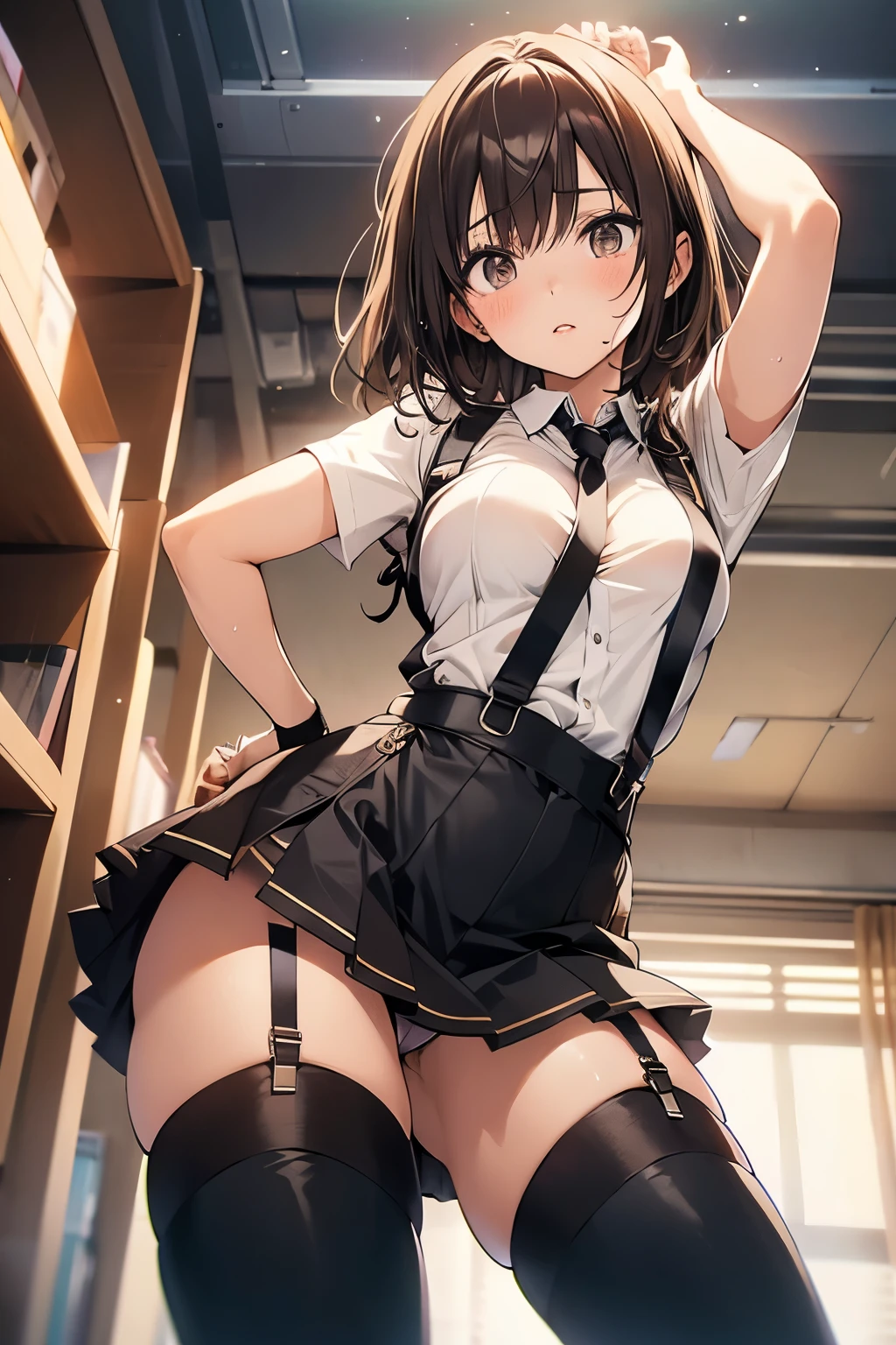 brown hair、looking at the viewer　　suspenders　　　Bulging big breasts　　 　 　　　　Black miniskirt　garter belt　knee high socks　　　　　　Gaze　　　small face　bangs 　　　　　Beauty　　hands up　　 　Gaze 　black boots 　provocation　　armpit sweat　one person 　　put your hands behind your back　cutter shirt　　Panty shot