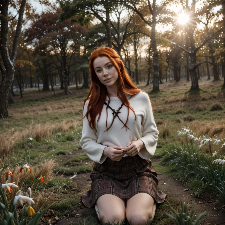 Beautiful firey red haired maiden, winter woodland, goddess Brigid, brigid's cross, lambs, calves, snowdrop flowers, winter wheat, mist, magic