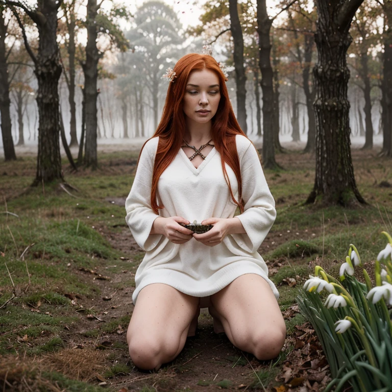 Beautiful firey red haired maiden, winter woodland, goddess Brigid, brigid's cross, lambs, calves, snowdrop flowers, winter wheat, mist, magic
