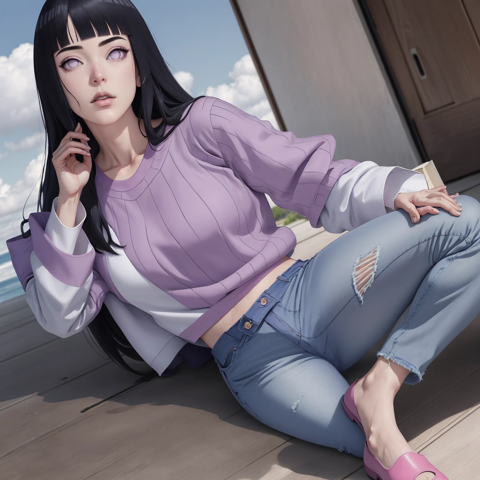 { - anatomy error}(Masterpiece - Ultra-detailed, very high resolution) , absurdos, Hinata\(Boruto\), 1girl, sozinho,Mature female, Capuz roxo,mangas em camadas, jeans, ao ar livre, Cloudy sky, perfect composition, circunstanciado lips, peito grande, beautiful face, body propotion, corar, (pink lips), cabelos pretos curto (black hair), lilac eyes, olhar suave, super realistic, circunstanciado, Photo Session, rosto e corpo realistas, Realistic hair, olhos realistas, nariz realista, realistic lips, anime, walking with lilac shoes.