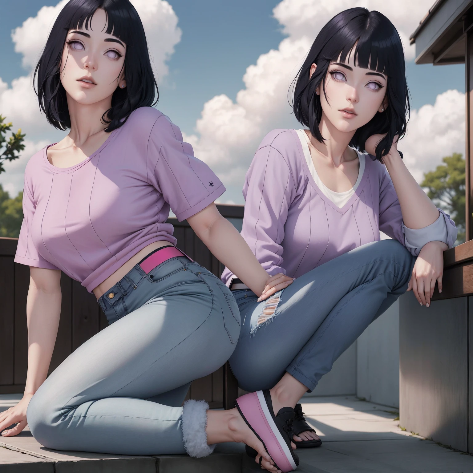 {-erro_de_anatomia:1.0}(Masterpiece - Ultra-Detailed, High Resolution) Masterpiece, absurderes, Hinata\(Boruto\), 1girll, Solo,Mature female, Off-the-shoulder lace shirt, When looking at the camera, Perfect composition, Detailed lips, big breast, Beautiful face, body propotion, Blush, (Pink lips), medium hair, Purple eyes, Soft gaze, Super realistic, Detailed, photoshoot, Realistick faces and bodies, whole body, sitting on the floor, standing, looking at the camera, with white background, lilac shoes, jeans