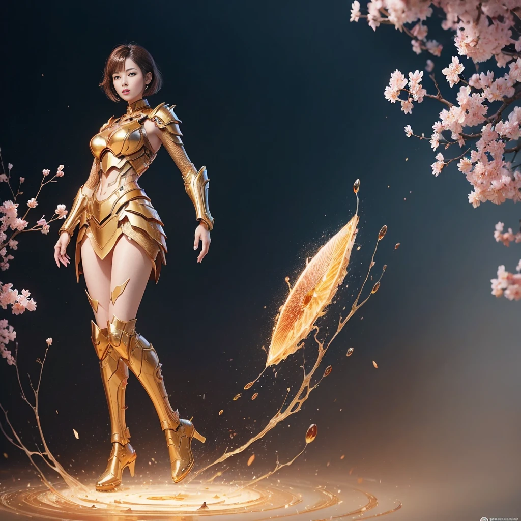 (((full body photo)))
beautiful japanese young woman, wearing cyborg armor made of honey, thick symmetrical features, very short hair, background is cherry blossoms, pink aura, red lips, octane render,