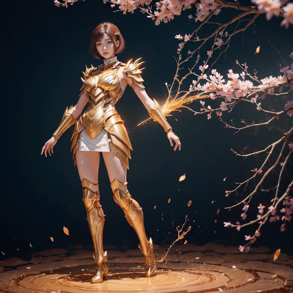 (((full body photo)))
beautiful japanese young woman, wearing cyborg armor made of honey, thick symmetrical features, very short hair, background is cherry blossoms, pink aura, red lips, octane render,