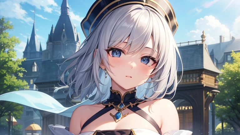 super high quality, with a girl, 20-year-old, very short hair, long bangs between the eyes, gray eyes , blue sky, sunlight, very detailed,(masterpiece、highest quality)、alone、gray hair、fantasy, silver hair, black eye, beautiful eyes,, ecstasy, charm, be smitten with audience, fantasyな風景、flower garden、white clothes、Princess、kiss face