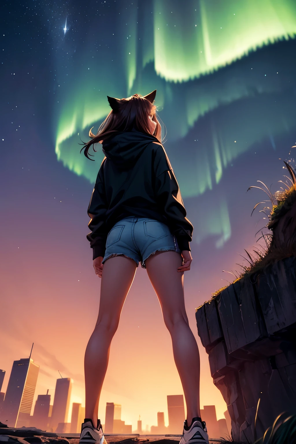 Best Quality, High Definition, Perfect Human Structure, Focus On Background, Glowing Hair, Cat Ear, Brown Hair, Cinematic Angle, From Below, Bobbed Hair, From Behind, Gradient Eyes, Flowing Bangs, On Cliff, Standing, Looking Down On City, Fight, Near Future, Night, Northern Lights, Hoodie, Shorts, Sneakers, Moon Grass,