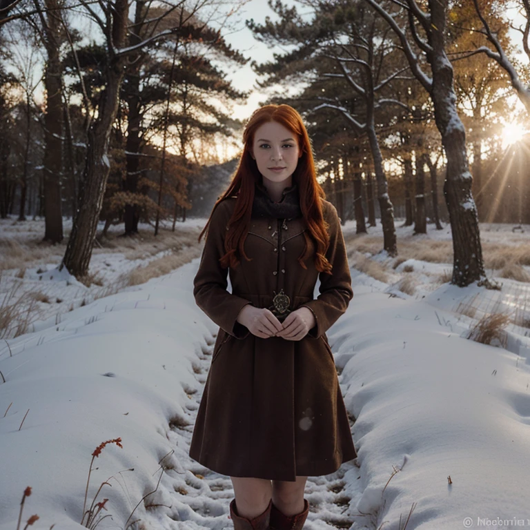 Beautiful firey red haired maiden, winter woodland, goddess Brigid, brigid's cross, lambs, calves, snowdrop flowers, winter wheat, mist, magic