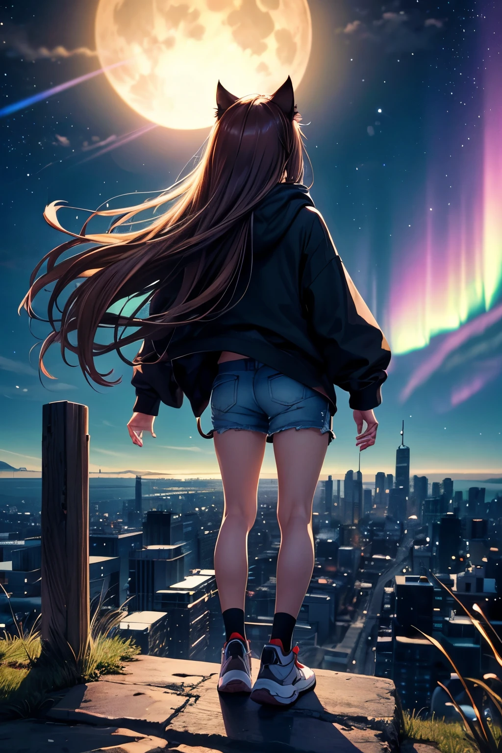 Best Quality, High Definition, Perfect Human Structure, Focus On Background, Glowing Hair, Cat Ear, Brown Hair, Cinematic Angle, From Below, Bobbed Hair, From Behind, Gradient Eyes, Flowing Bangs, On Cliff, Standing, Looking Down On City, Fight, Near Future, Night, Northern Lights, Hoodie, Shorts, Sneakers, Moon Grass,